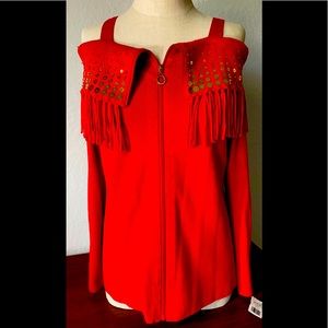 Berek Red Sweater Gold Beads Shawl Collar Fill Zip